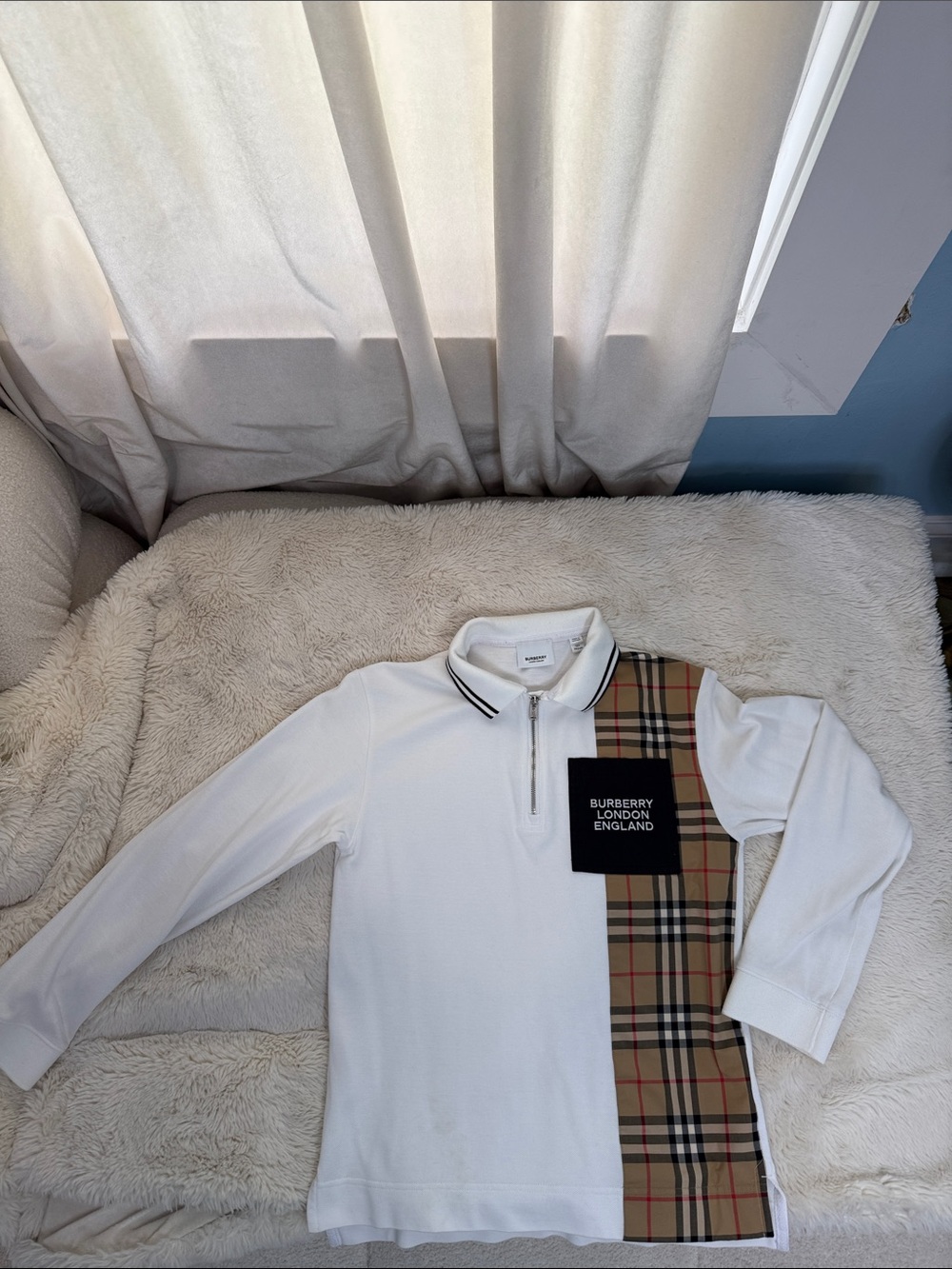 Burberry White Long-Sleeve Polo with Iconic Check Panel